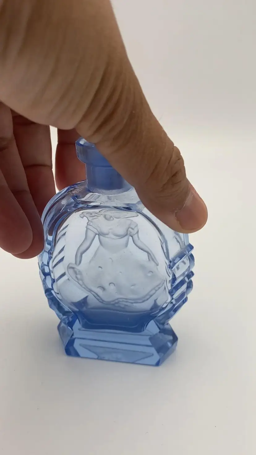 Czechoslovakia Art Deco Bohemian Perfume Bottle Blue Glass Made in Hat Lady