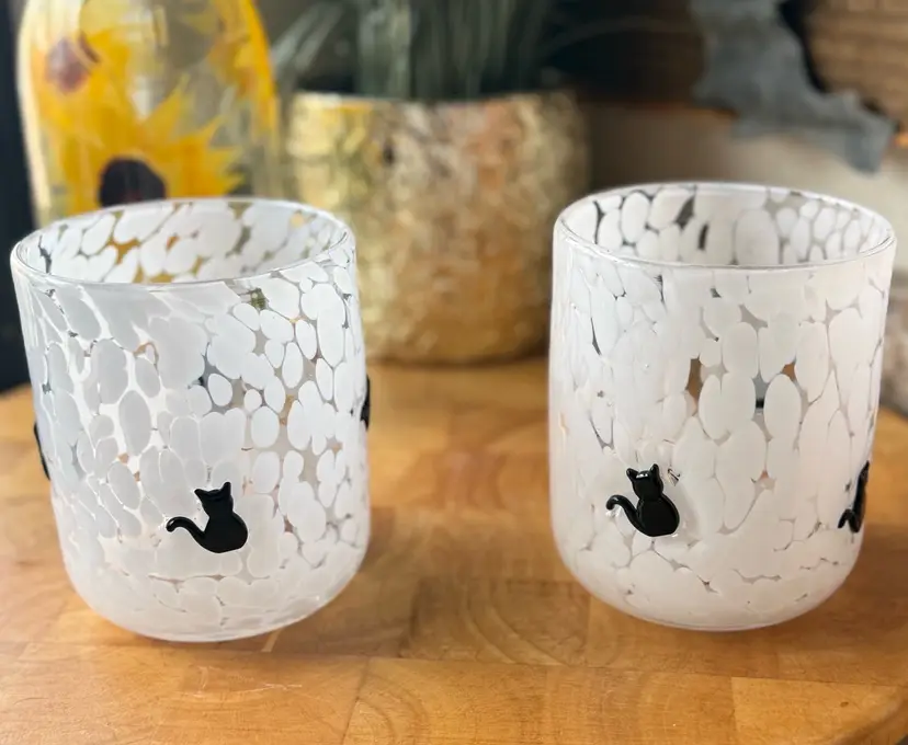 Handblown White Speckled Glass Tumblers with Black Cat Accents