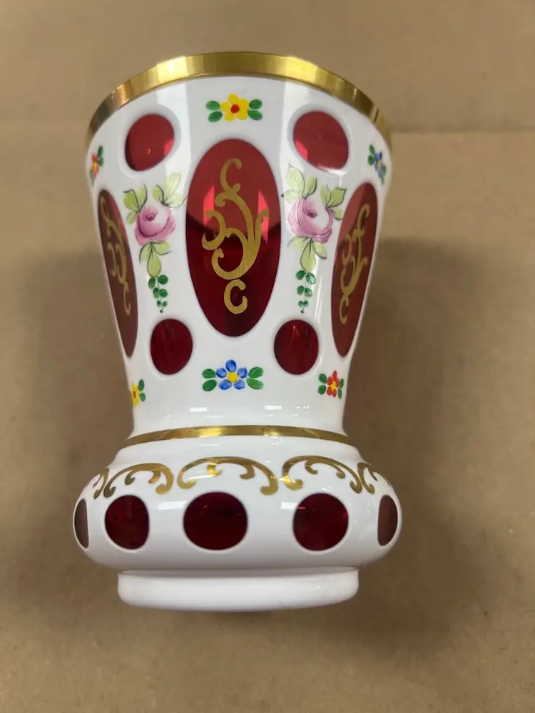 Antique Bohemian White Gold And Cranberry Colored Floral Vase
