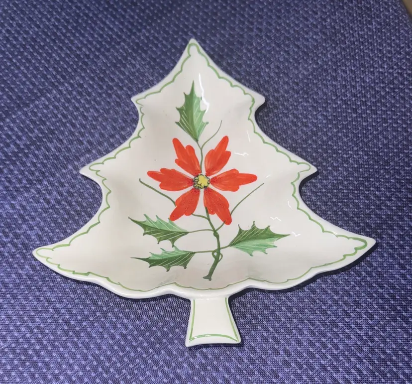 Christmas Tree Candy Dish Nut Dish hand painted red flower Made In Italy 8" tall