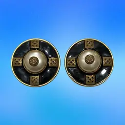 Vintage Patti Horn Signed Clip On Earrings Round Black Faux Pearl Cabochon 1.58”