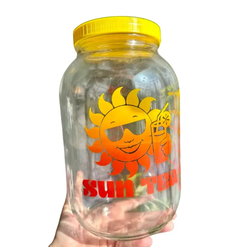 Vintage 70’s Anchor Hocking SUN TEA Large Glass Jar Gallon Jug with Lid Groovy