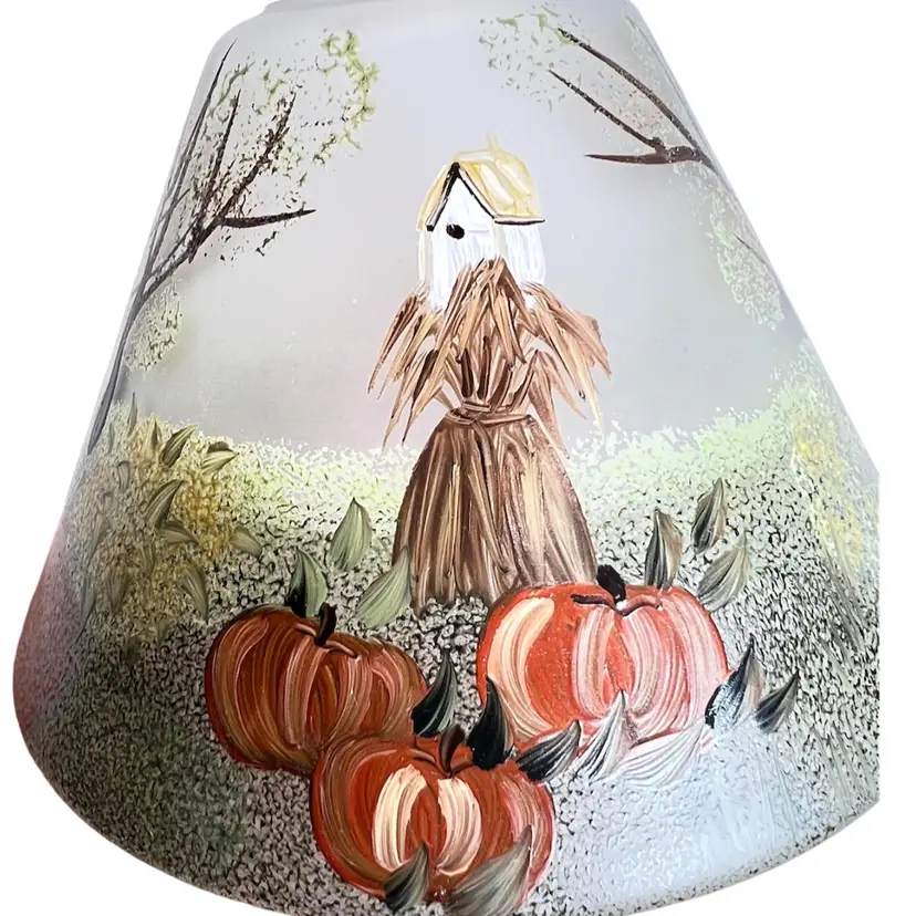 Autumn Fall Halloween Pumpkin 🎃 Glass Candle Lamp Shade. Hand-Painted. 5-7/8” across base x 4-1/4" tall.