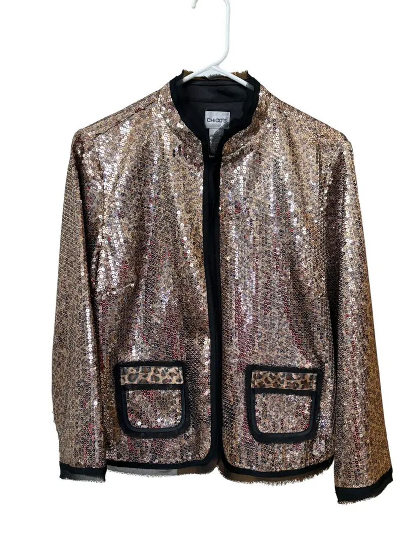 015. Chico’s Shyanne Sequin Cheetah Evening Event Holiday Jacket Black & Gold Size 1