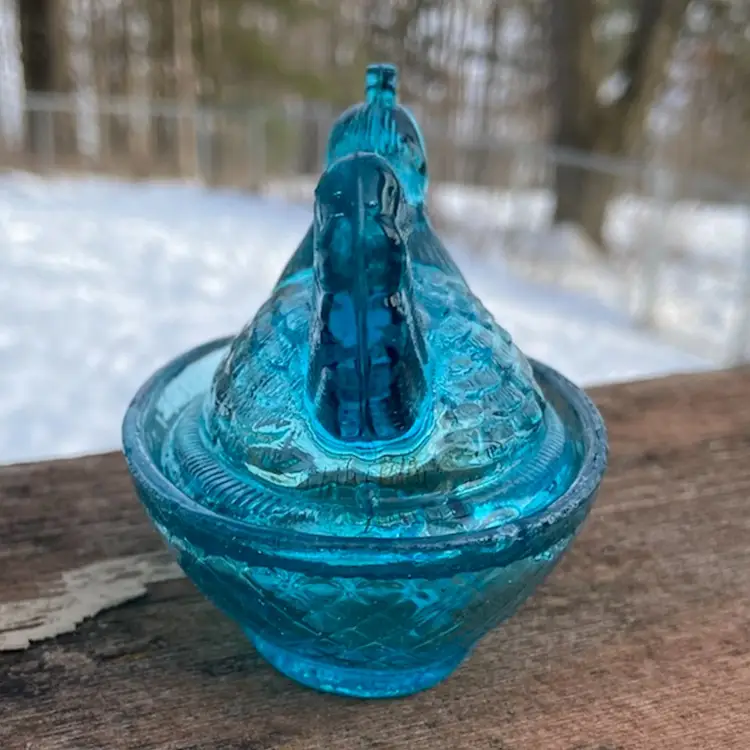 Turquoise Glass, Hen On Nest. Made In Taiwan. 2.75”h. *read