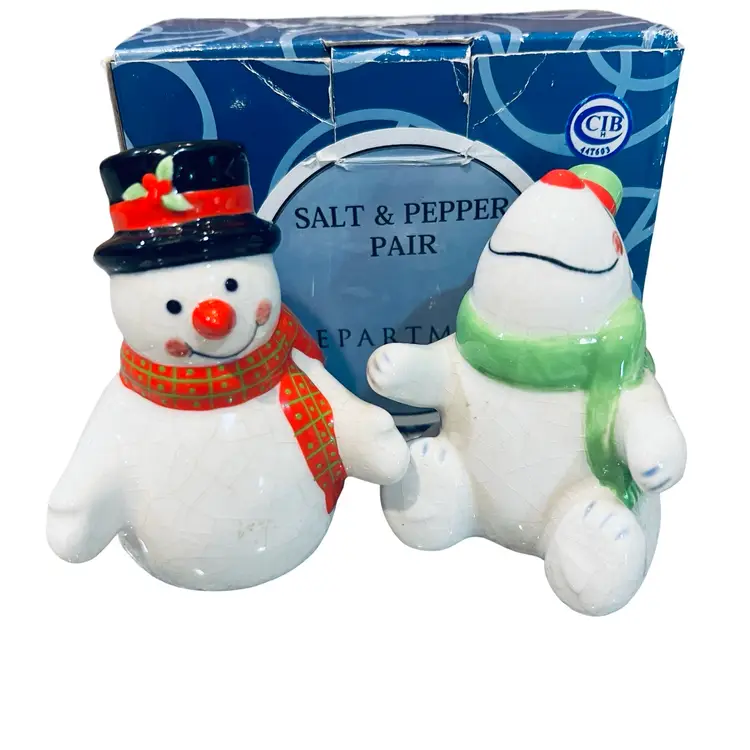 Vintage Dept 56 Ceramic Snowman & Bear Salt and Pepper Shakers Christmas Holiday