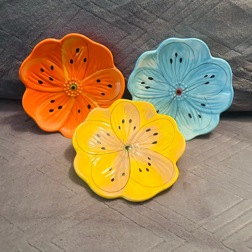 Set Of 3 Hand Painted Laurie Gates Ware Poppy Dishes From The Kelley Collection