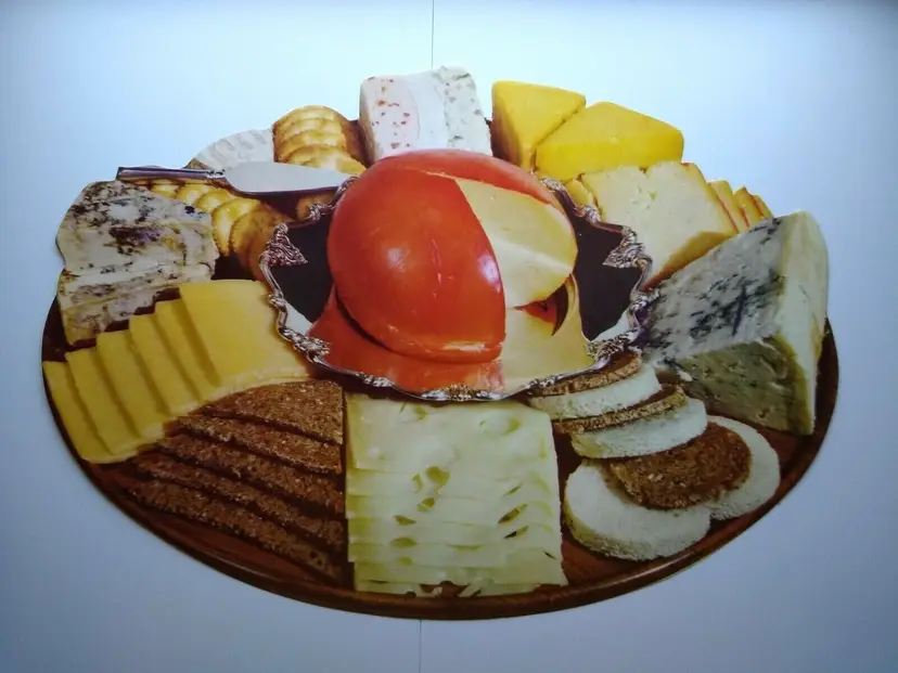 Vintage Food Platter Diecut Sign Cheese Crackers Spreads Vintage Paper 1950s 