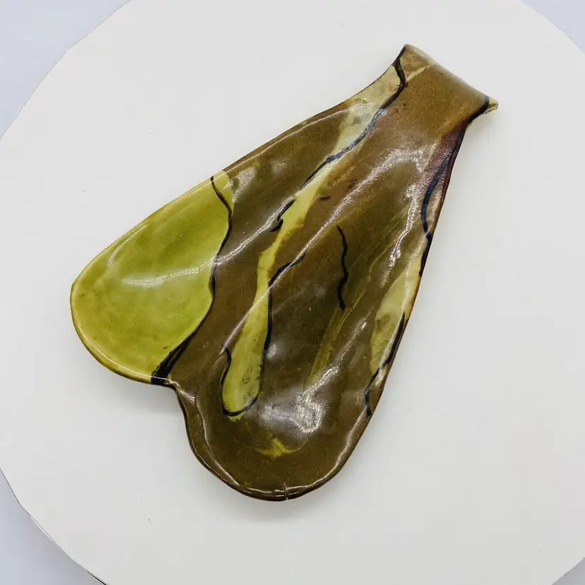 #2203 Art Pottery Spoon Rest Handmade Multicolour Green Tone Double Side Signed