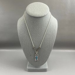 Vintage Silver Tone Necklace Faux Turquoise 1.5" Pendant 9" Chain Western Boho