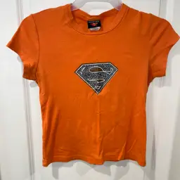 Superman Logo crop T-Shirt women size L Orange Warner Brothers Graphic made USA
