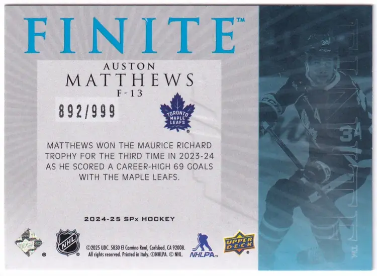 2024-25 SPx Finite #F13 Auston Matthews Toronto Maple Leafs Hockey Card