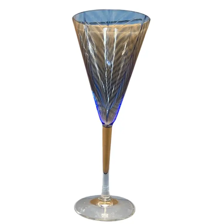 Stephen Smyers Wine Glass Cocktail Art Glass Cobalt Feathered Pattern