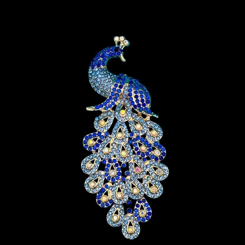 Blue & Gold Rhinestone Peacock Brooch