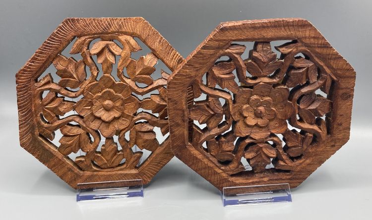 Hand Carved Wood Footed Trivets - Vintage - Set of 2