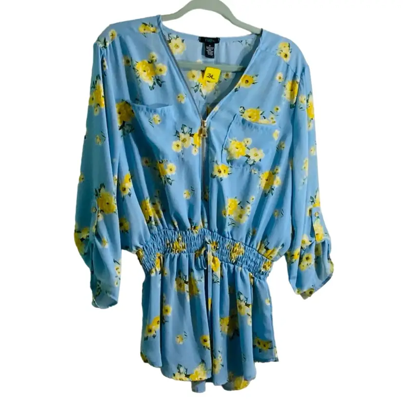 Rue+ Light Blue And Yellow Florals Front Zipper With Gathered Elastic Waistband 100% Polyester Blouse Size 2X 