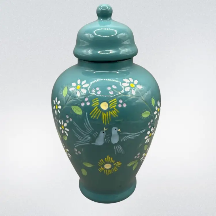 Hand Painted Ceramic Ginger Jar With Birds And Flowers 1985