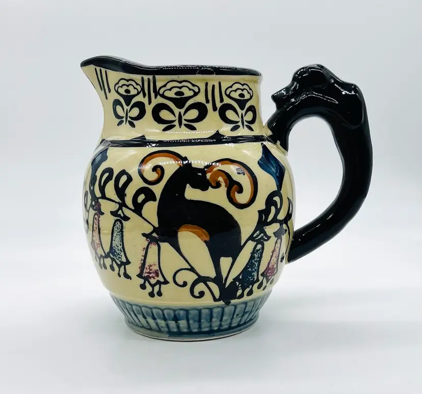 Vintage Hotta Yu Shoten 1920 Japan Pottery Pitcher With Dog Handle