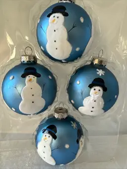 Christmas Lot Of 4 Blue Handpainted Felt Snowman Glass Ball Ornament