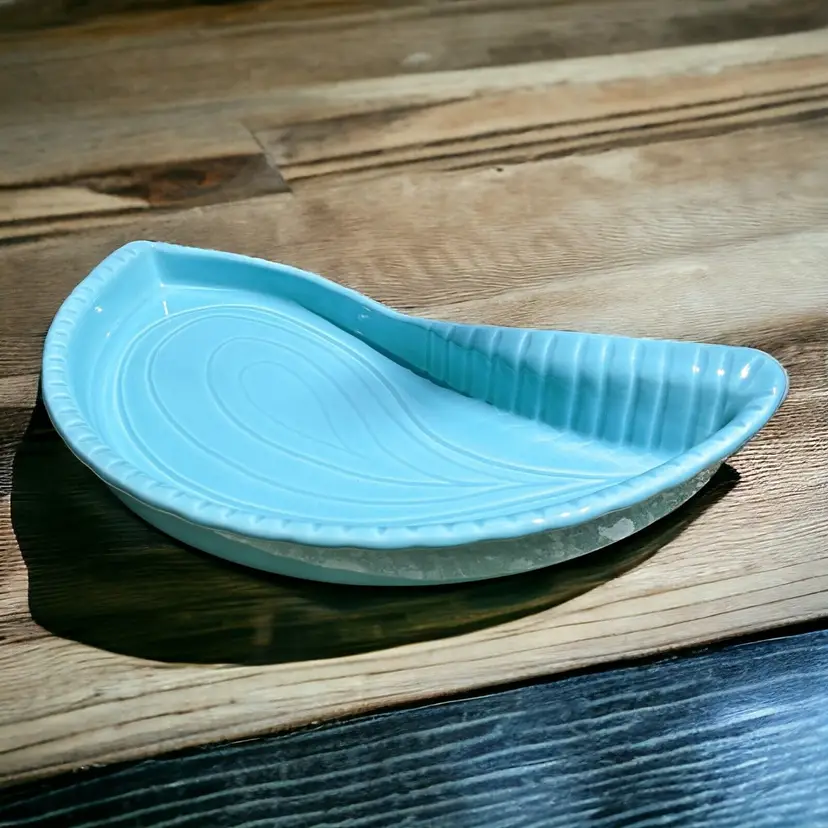 Vtg MCM Cottagecore Pottery USA 350 Turquoise Leaf Dish Plate Platter Tray