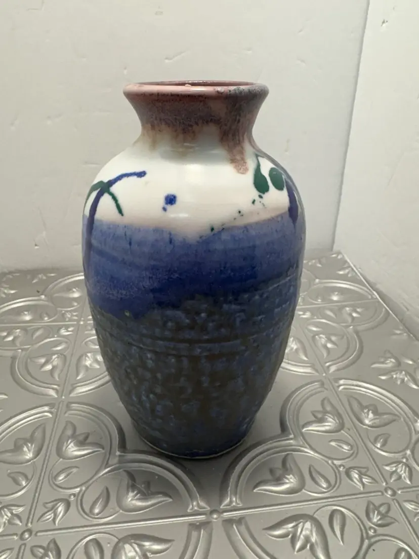 Vintage Singed Pastel Blue,purple And Pink Pottery Vase
