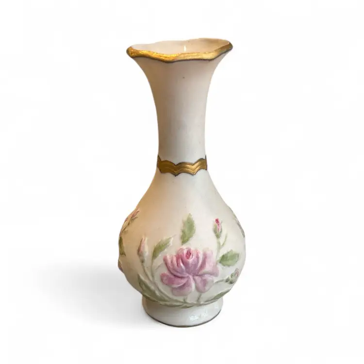 Vintage Porcelain Bud Vase with Embossed Flowers and Ruffle Gold Gilded Edge