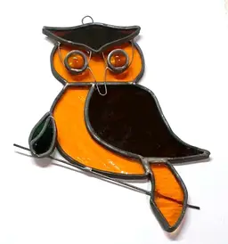 Vintage Leaded Stained Glass Owl Window Suncatcher orange & Brown 🦉   Aprox 6" x 8"....please see photos.  Gold & brown.