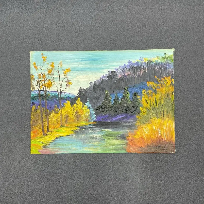 Unique Original Unframed Oil Painting Canvas Fall Landscape Scene Unsigned