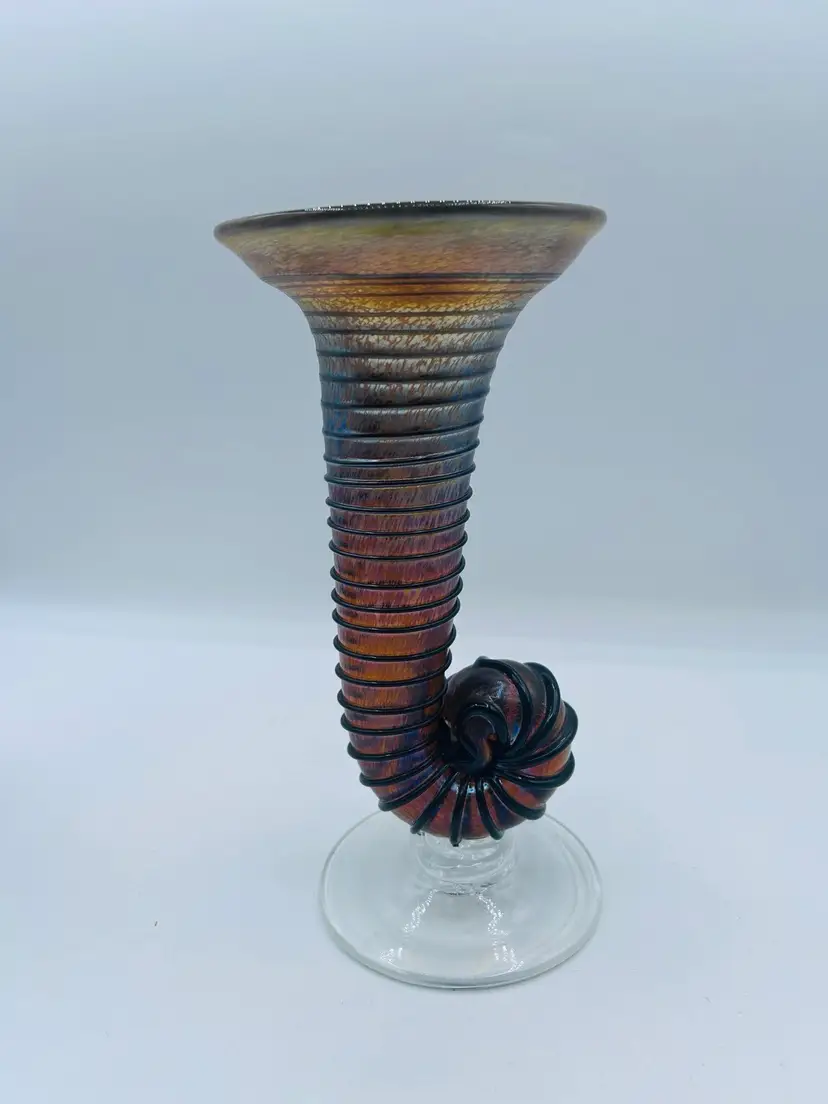 Herb A Thomas signed HAT Studio Blown Iridescent Lava Art Glass Vase