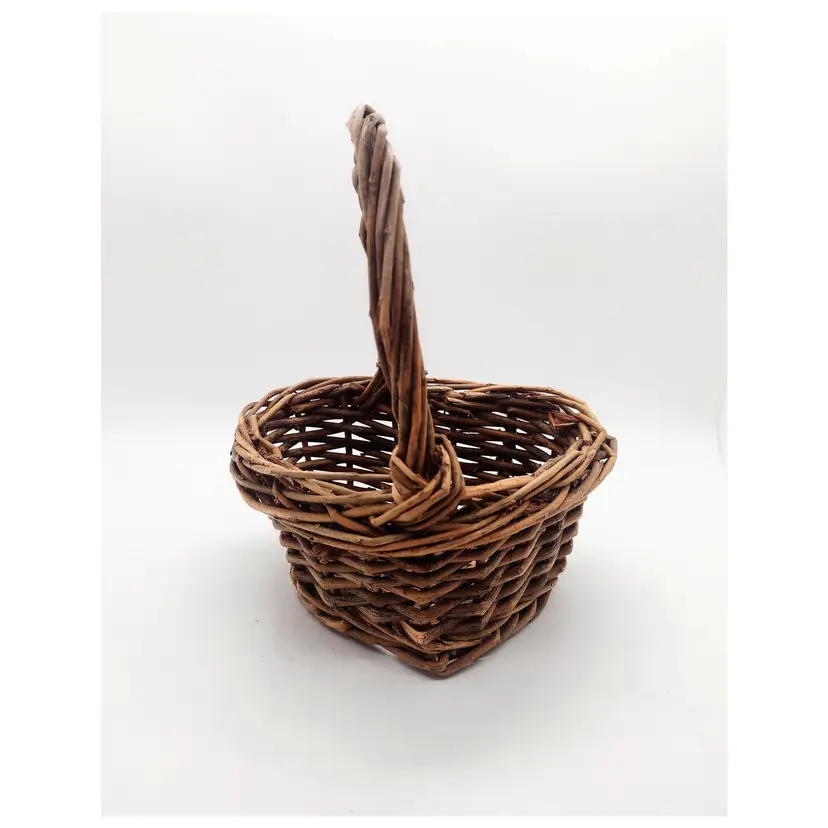 Vintage Handwoven Wooden Stick Handled Heart Basket Brown 6.25 in Primitive