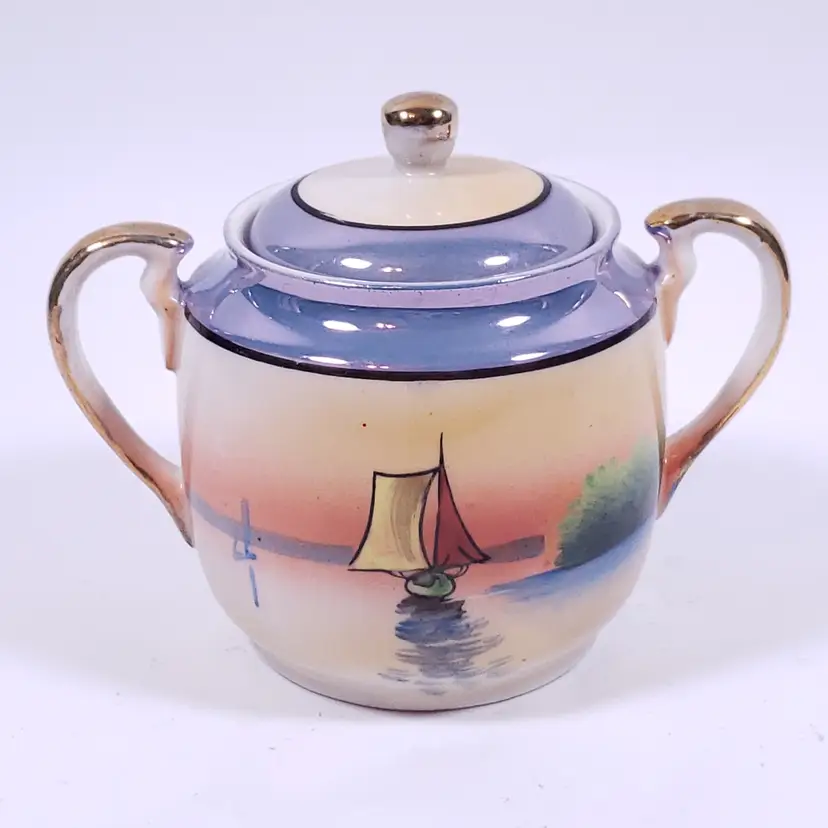 ART DECO JAPAN Sail Boat Lake Hand Painted Lusterware Gold Porcelain SUGAR BOWL