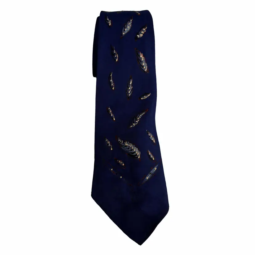 1950s Hand Painted Neck Tie Vintage Mid Century Grandpa Feather Leaf Blue