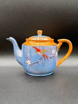 RHONDA VTG Japanese Peach Lusterware Tea Pot, Cherry Blossom With Bird, Hand painted