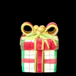 Fitz And Floyd Plaid Christmas Lidded Trinket Box/Candy Dish Present Bow Holly Ceramic
4-1/4” T x 3” W