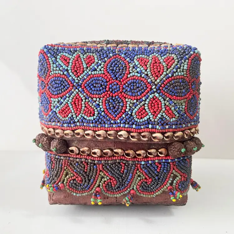 Indonesian Wedding Gift Box Beaded Shell Woven Bamboo Basket Dowry Floral Vtg