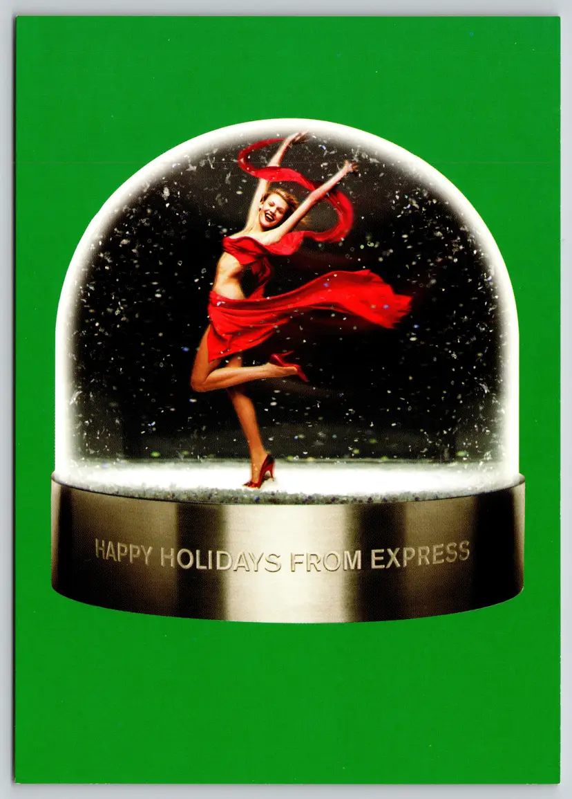 Postcard Happy Holidays from Express Lady in Red Outfit inside Snow Globe Christmas 1998 - 12271
