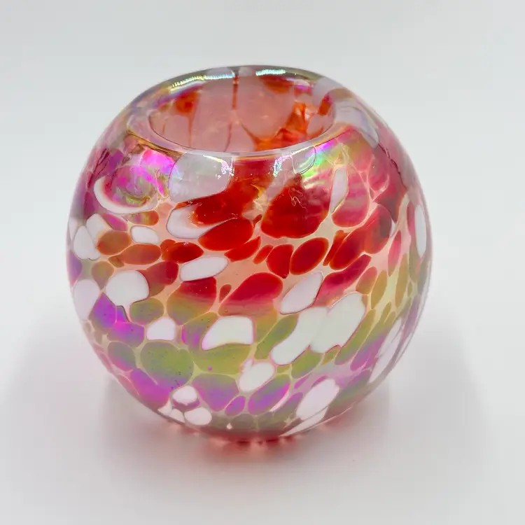 Silvestri Red White Round Vintage Art Glass Tea Light Candle Holder