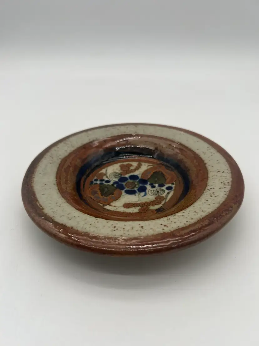 Vintage Tonala Mexican Folk Art Pottery Shallow Bowl Dish