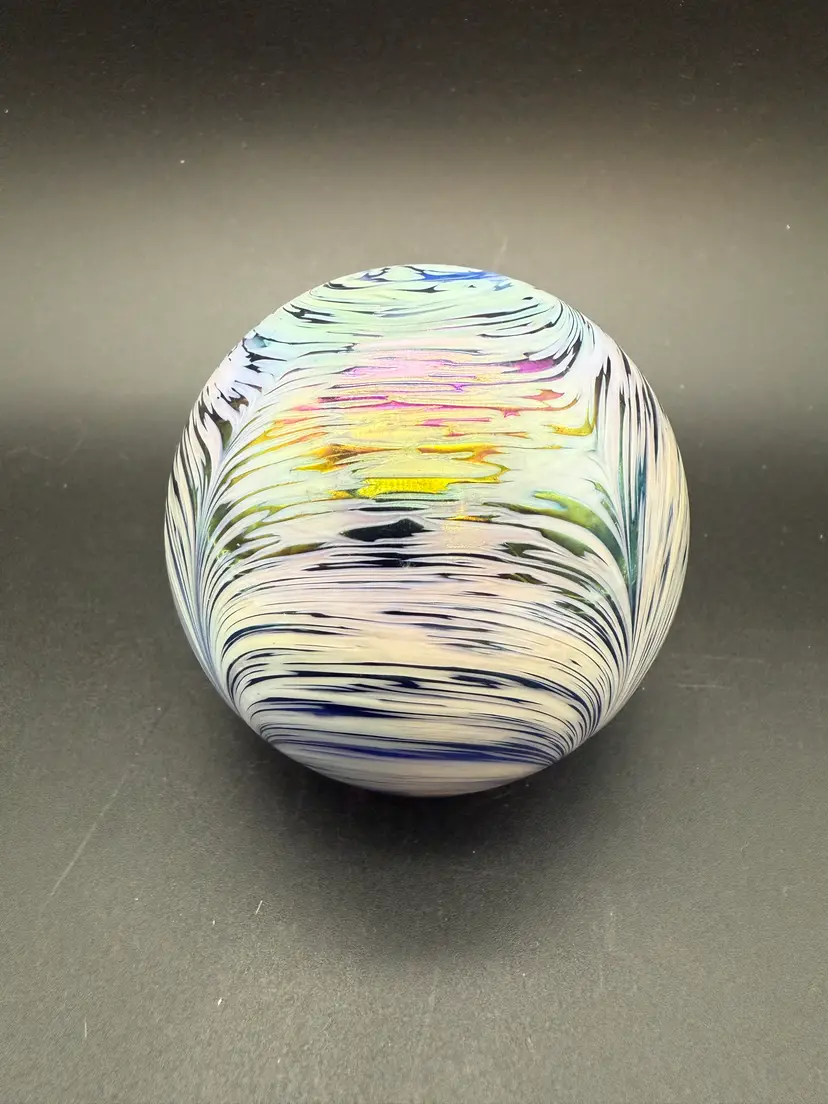Vintage Art Glass Paperweight Iridescent Pulled Feather White Blue