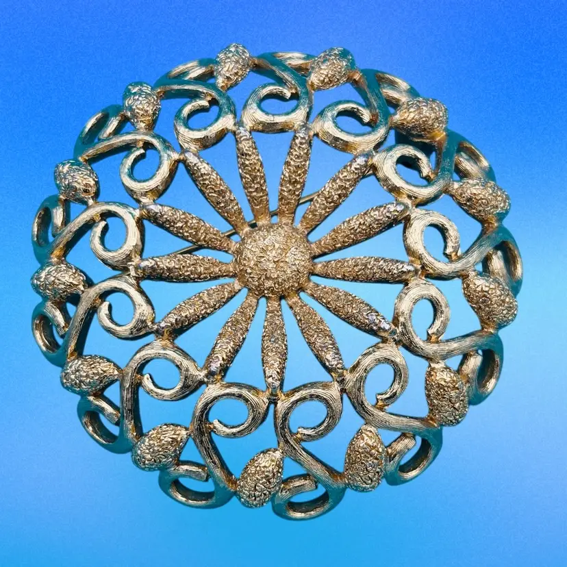 Vintage Monet Gold-Tone Domed Brooch – Textured Filigree Sunburst Pin