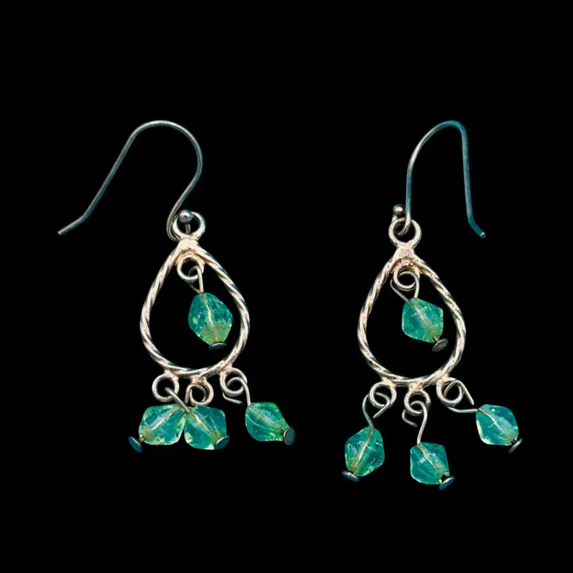 Vintage Green Crystal Bead Dangle Earrings – Silver Tone, Teardrop Frame, Boho Style