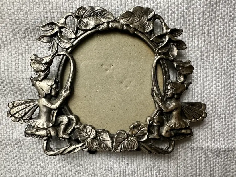 Vintage Pewter Fairies Floral Photo Picture  Standing Frame Metal Silver-Tone