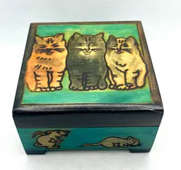 Cats and Mice Wooden Box Polish Handmade Keepsake Cat Lovers Jewelry Trinket Box