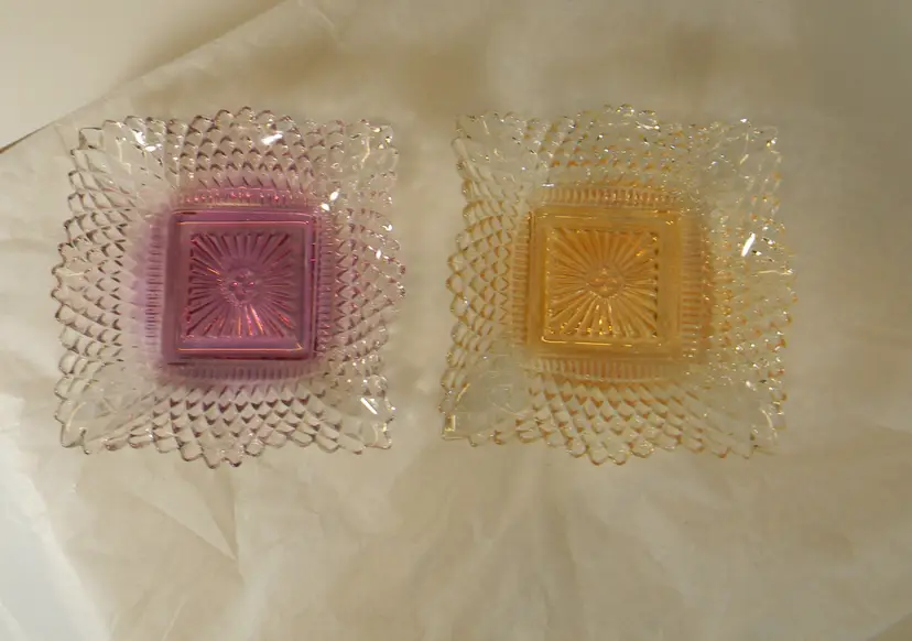 Trinket Dishes -Candy-Ashtrays Pressed Glass Diamond Pattern   Set of 2 (Purple, Orange or Yellow Color)