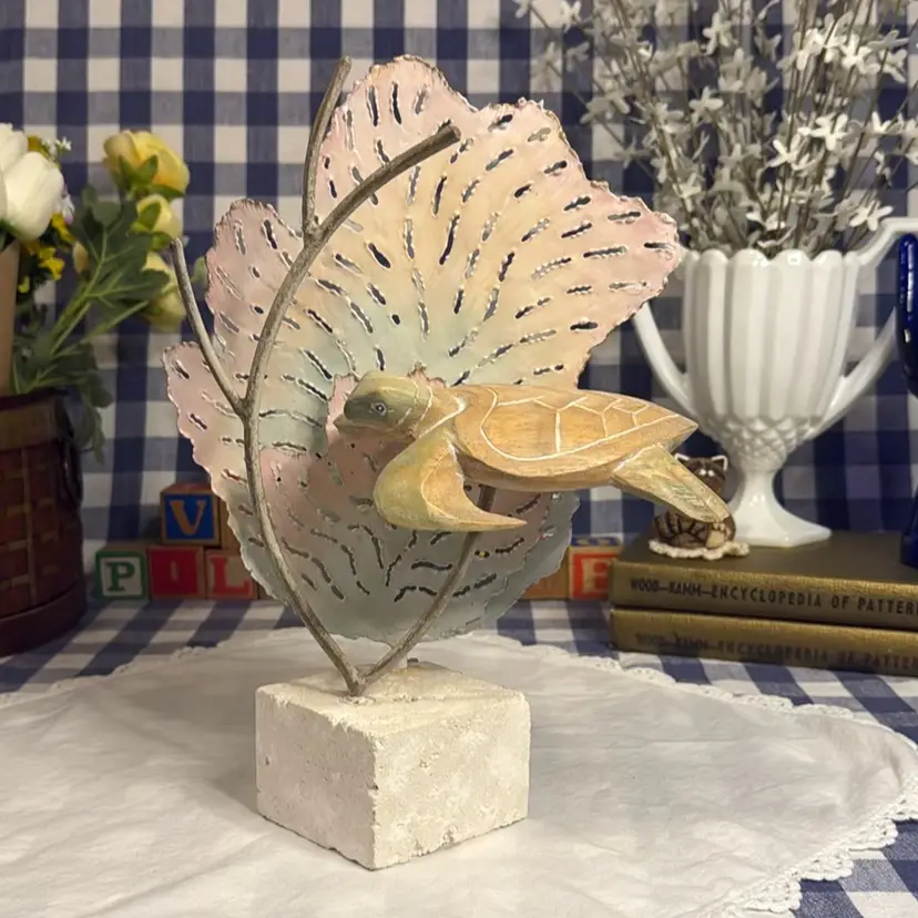 Hand-Carved Wood Turtle with Iron Decor & Plaster Base
