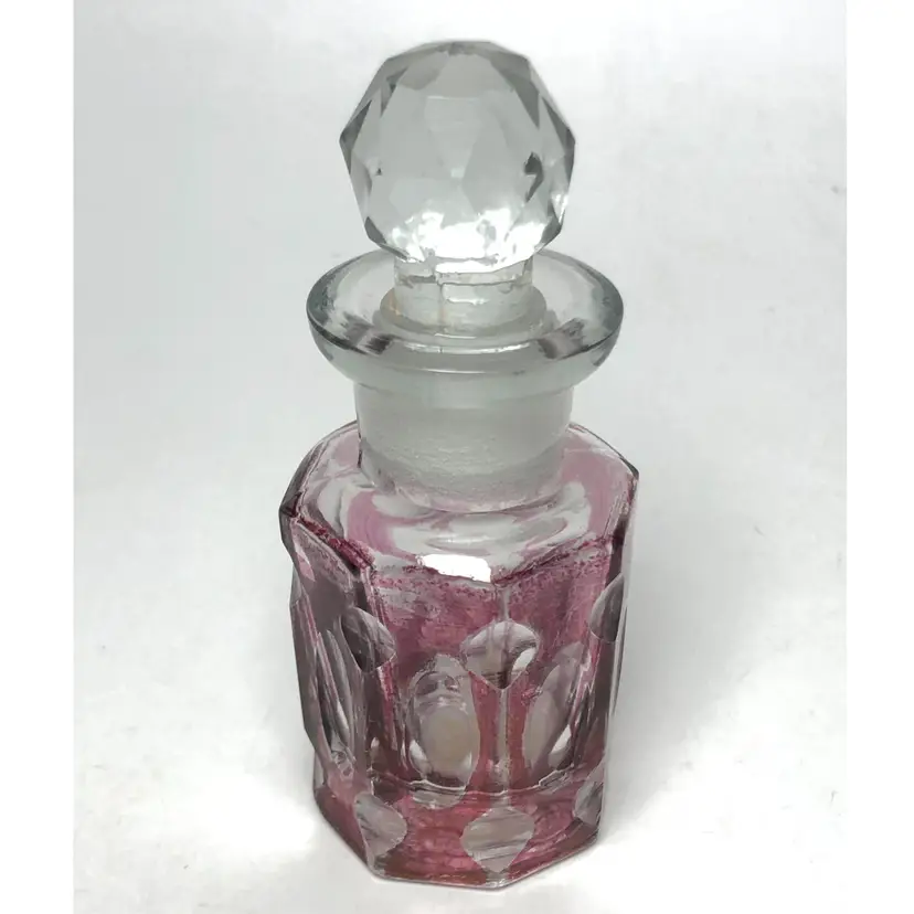 Flashed Cranberry Cut to Clear Vintage Perfume Bottle w/ Stopper Bohemian Glass