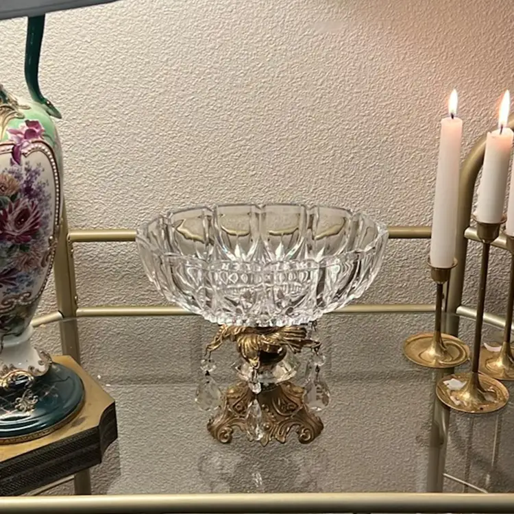 Vintage 1973 L&LWMC Cut Crystal, Hanging Prisms And Brass Compote Centerpiece Hollywood Regency Bowl 7.25” x 7”