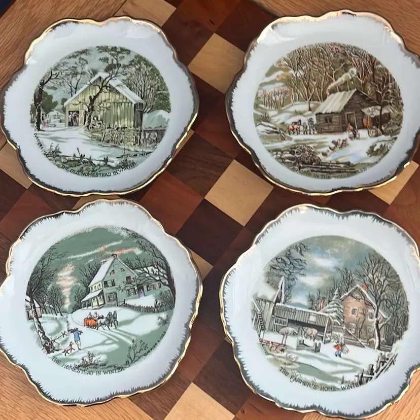 #01 Decorative porcelain plates featuring Currier & Ives winter scenes. 6-7 “
Holes In Back Of Plates For Hanging Made In Korea .