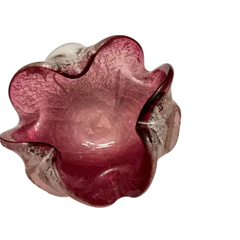 Cranberry With Silver Adventurine Murano Ashtray/Candy Bowl/Trinket Bowl 5” X 2 1/4” Hand Blown Made On The Island Of Murano, Italy