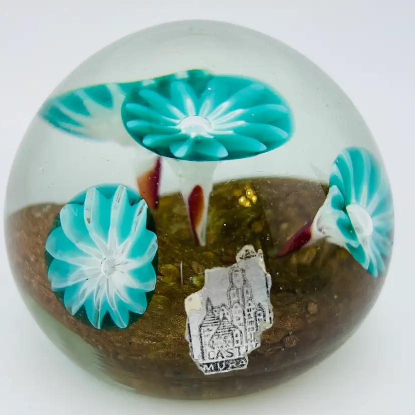 Vintage Murano Aqua Trumpet Flower W/ Oro Base 2.5” READ